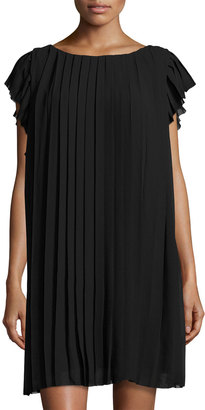 Max Studio Cap-Sleeve Pleated Chiffon Dress, Black