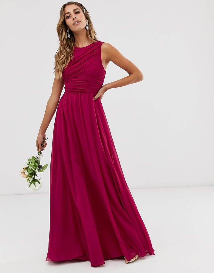asos design bridesmaid pleated bodice maxi dress with flutter sleeve