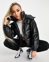 Thumbnail for your product : Sixth June oversized cropped puffer jacket with hood in leather