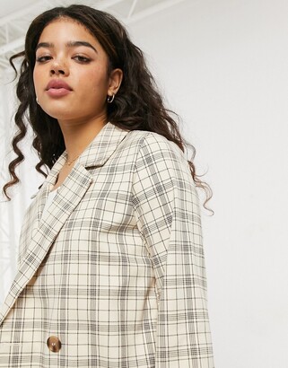 Monki Twiggy co-ord plaid double breasted blazer in beige - ShopStyle