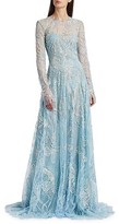 Thumbnail for your product : Naeem Khan Floral Lace Long-Sleeve Sheer A-Line Gown