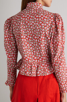 Batsheva Grace Faux Pearl-embellished Floral-print Cotton-poplin Blouse - Red