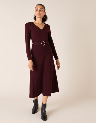 Monsoon Belted Knit Midi Dress Red
