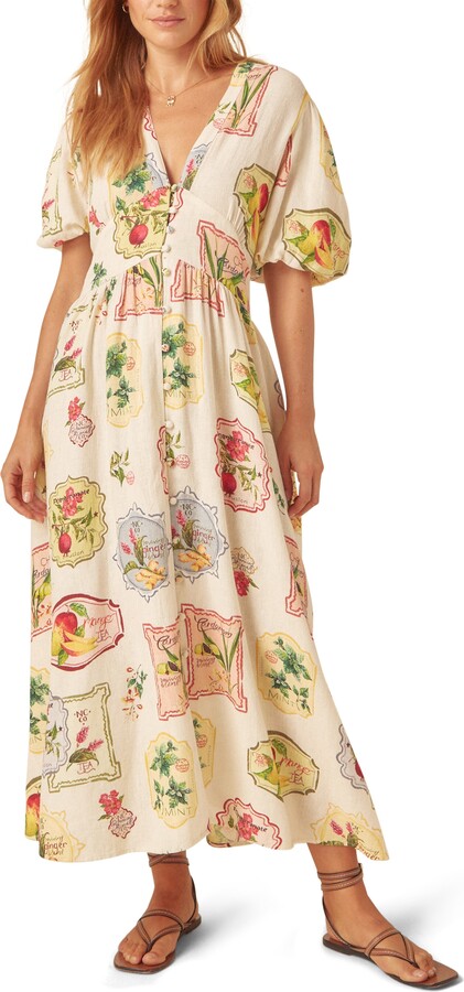 Nobody's Child Starlight Printed Puff Sleeve Linen Blend Midi Dress