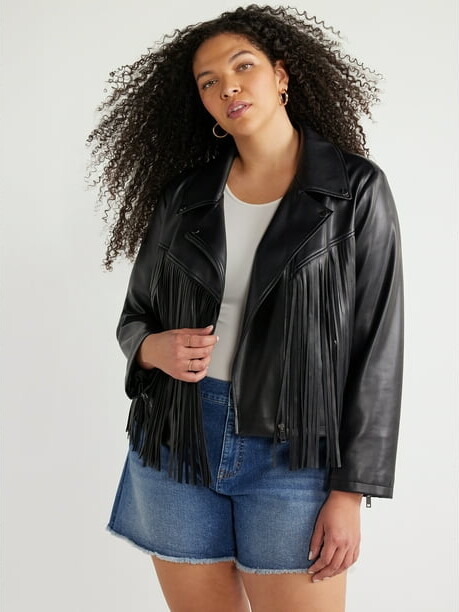 Sofia Jeans Women's Plus Size Faux Leather Asymmetrical Zip Cropped Fringe Jacket, Sizes 1X-5X