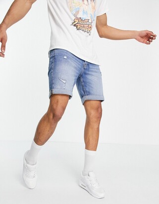 Jack and Jones Intelligence denim shorts with rips in light blue - ShopStyle
