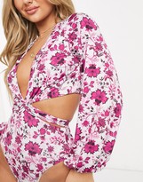 Thumbnail for your product : ASOS DESIGN glam tie front cut out sleeved swimsuit in floral print