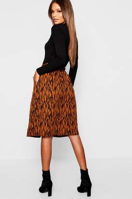 boohoo Woven Tie Waist Tiger Print Midi Skirt