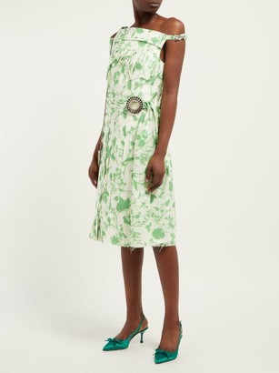 Calvin Klein Crystal-buckle Floral-print Taffeta Dress - Green White