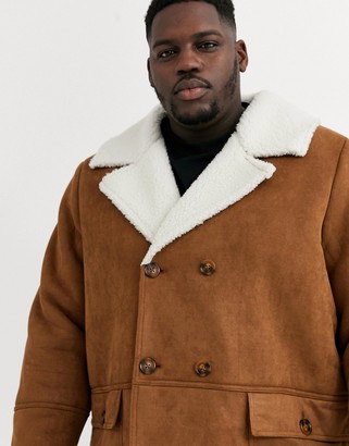 Jacamo longline faux sheepskin overcoat in brown