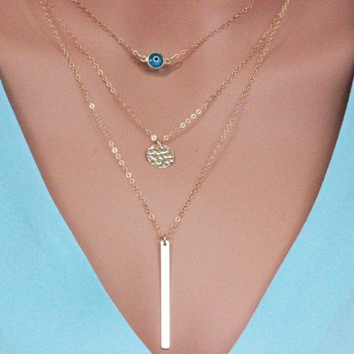 Etsy Gold Filled Layered Necklace Set Evil Eye Hammered Disc Bar Pendant