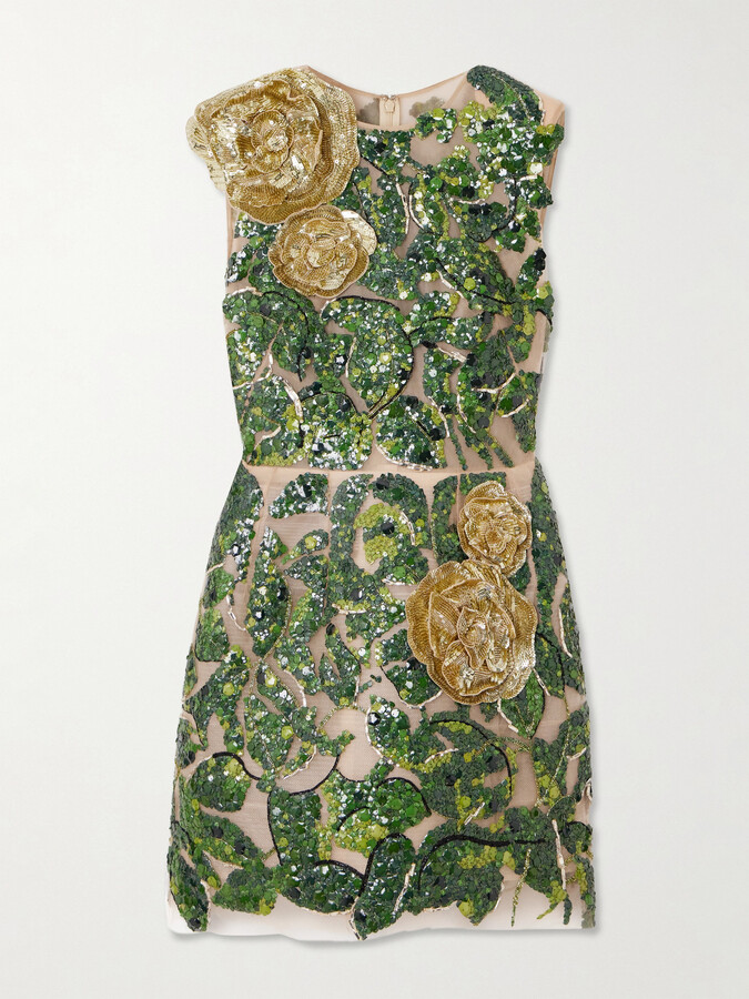 Oscar de la Renta - Embellished Tulle Mini Dress - Green