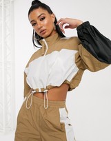 Thumbnail for your product : ASOS DESIGN cropped tracksuit jacket with colour blocking co-ord in camel
