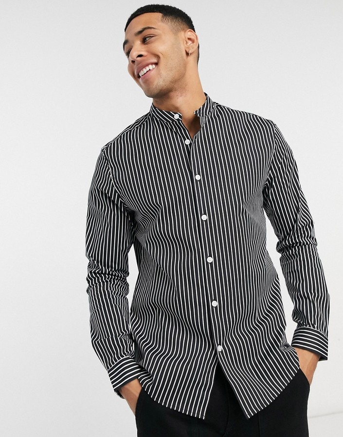 black slim fit grandad collar shirt