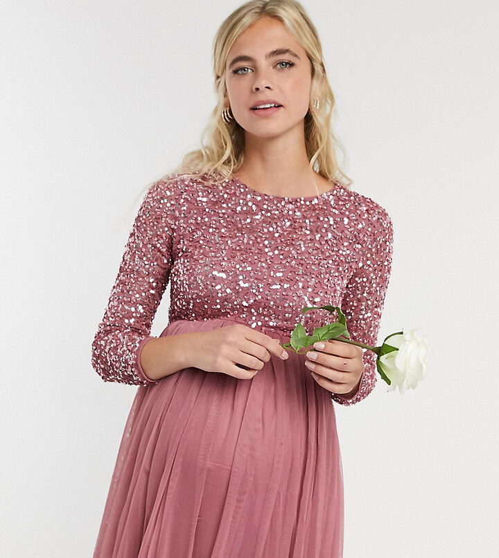 Maya Maternity delicate sequin long sleeve maxi dress with tulle skirt in  rose - ShopStyle