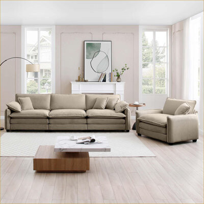 George Oliver Sofas Couches | 2-Piece (3-Seater + Single Seat) for Living Room Apartment Home Theater | Mid-Century Modern | Tan Corduroy