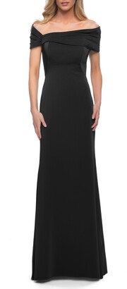 La Femme Simply Chic Off the Shoulder Jersey Gown
