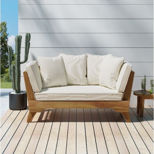 SapphtopazOutdoorPatioSofaAcaciaWoodOutdoorDaybedwithWater-ResistantCushionsExpandableOutdoorSofawithCushions&LumbarPillows-Beige