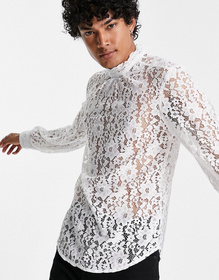 ASOS DESIGN overhead lace shirt with high neck in white - ShopStyle
