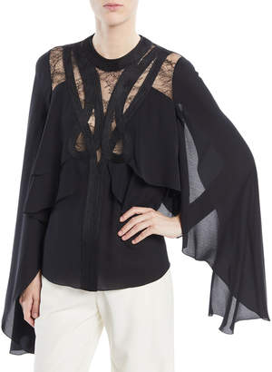 Elie Saab Cape Layered Top with Lace Inserts and Passementerie Trim