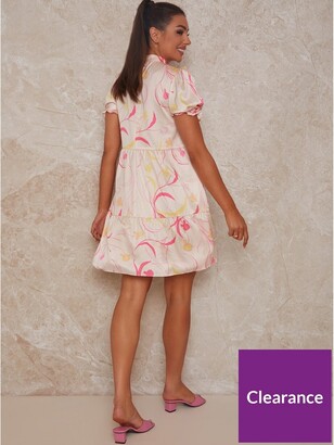 Chi Chi London Puff Sleeve Graphic Print Cotton Mini Dress - Cream