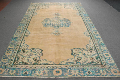 Bungalow Rose Vintage Anatolian Handmade Wool Rug with Medallion Design in Floral Blue Tones
