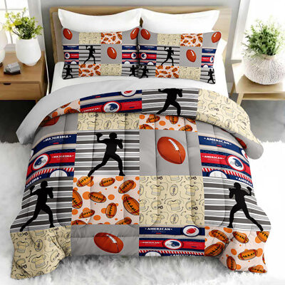 QOOVO American Football Patchwork Comforter Set, Youth Sports Bedding Set with 2 Pillow Cases, Soft and Machine Washable Bedding, All Seasons Comforter for