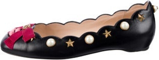 Gucci Leather Ballet Flats Black Faux Pearl Accents, Double G Logo & Interlocking G Logo Scalloped, Grosgrain, Embroidered, Studded & Bow Accents Round-Toes Includes Box & Dust Bag Designer