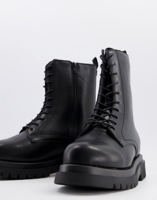 Truffle Collection wide fit lace up chunky military boots in black