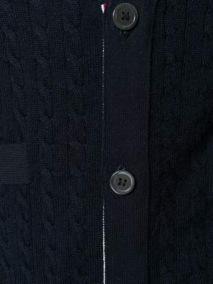 Thom Browne Center-Back Intarsia Stripe Baby Cable Merino Wool V-Neck Cardigan