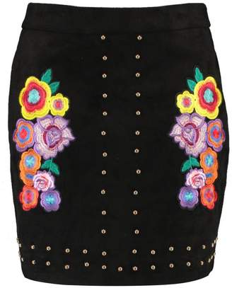 boohoo Embroidered Applique Stud Front Mini Skirt