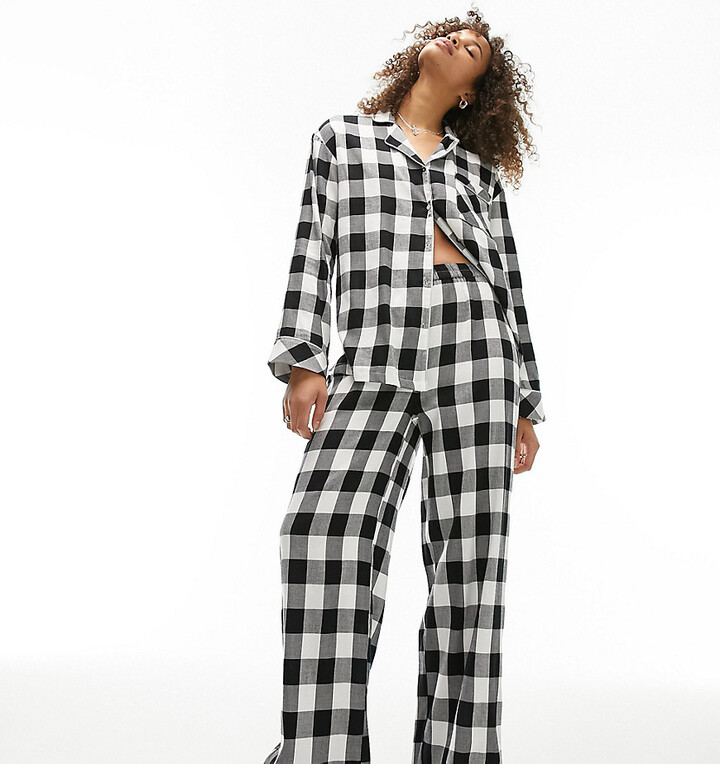 Topshop Tall brushed check piped shirt and pants pajama set in monochrome -  ShopStyle