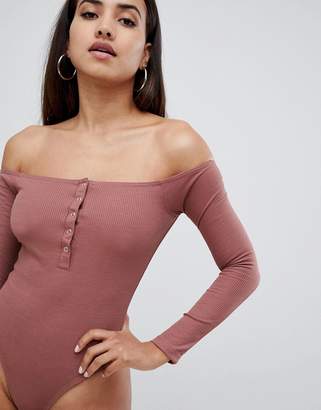 Missguided Button Front Ribbed Bardot Body