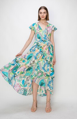 MelloDay Floral Print Flutter Sleeve Faux Wrap Midi Dress