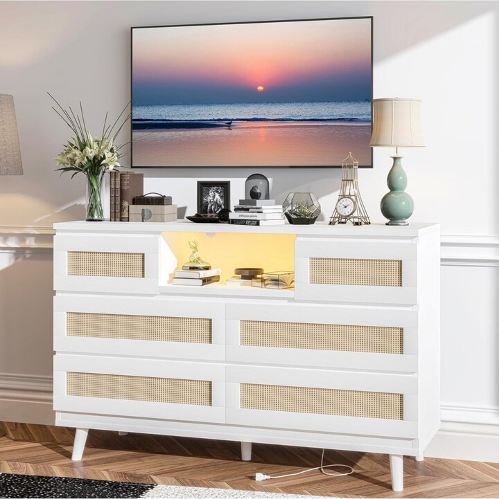 gaomon Natural Rattan Dresser for Bedroom, Led Light and Charging Station, Modern Chest Organizer