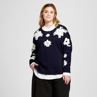 Victoria Beckham for Target Women's Plus Navy and White Floral Lace Appliqué Sweat Top