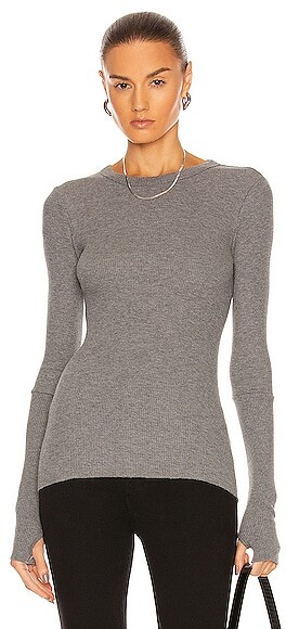 Enza Costa Laundered Cotton Thermal Long Sleeve Cuffed Crew Top in Grey ...