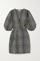 Thumbnail for your product : Ganni Checked Cotton-blend Seersucker Mini Wrap Dress - Army green