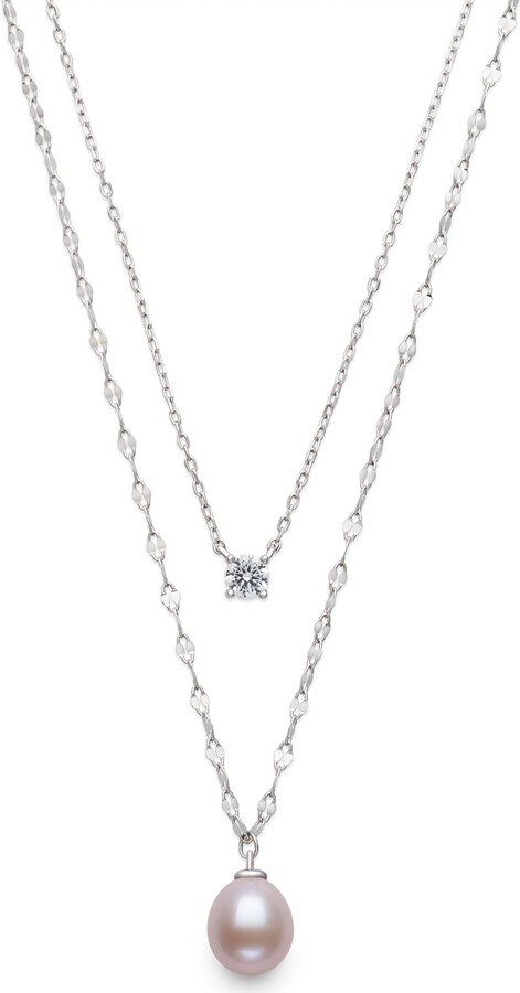 Belle de Mer Freshwater Blush Pink Drop Pearl (8-9mm) and Lab Created Sapphire Necklace in Sterling Silver