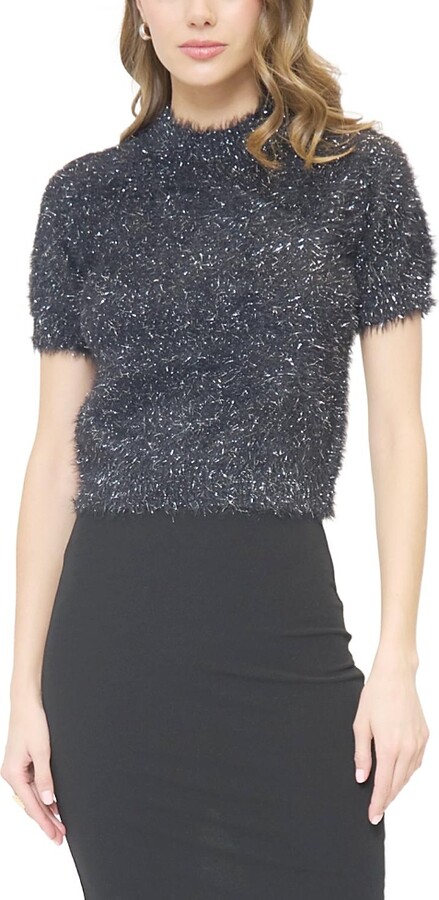 Central Park West Women's Colette Eyelash Lurex Cap Sleeve Crew Tops