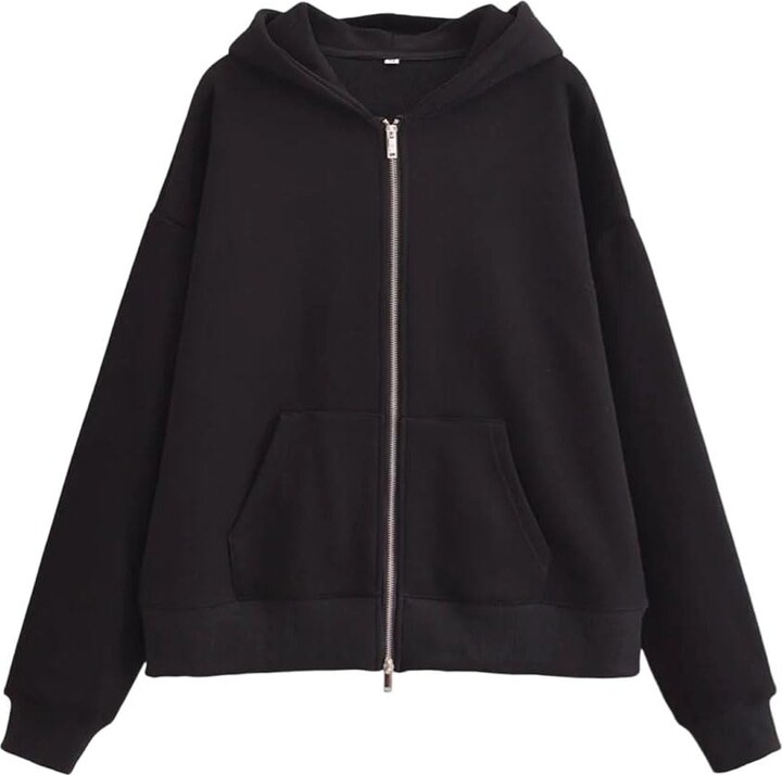 Generic Women's Casual Loose Hooded Cropped Sweatshirt Jackets Black M