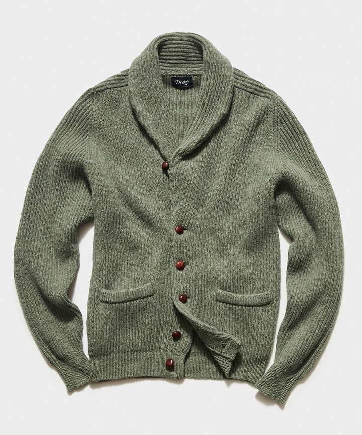 Drakes TS x Lambswool Shawl Collar Cardigan in Olive - ShopStyle