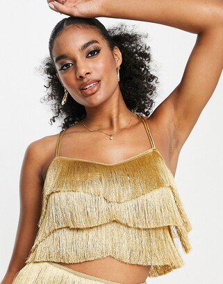 ASOS DESIGN strappy crop top fringe layered detail in gold - part