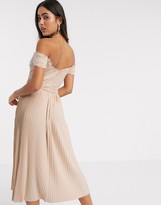 Thumbnail for your product : ASOS DESIGN premium lace and pleat off-the-shoulder midi dress in champagne