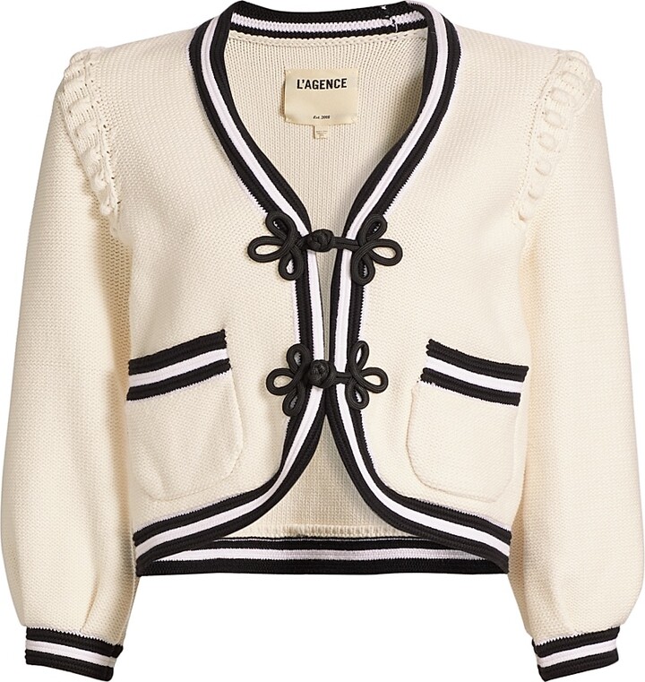 L'Agence Women's Kaito Contrast-Trim Cotton-Blend Crop Cardigan - Ivory Black - Size Large