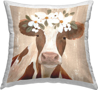 Brown Country Cow Flowers Outdoor Printed Pillow by Annie Warren