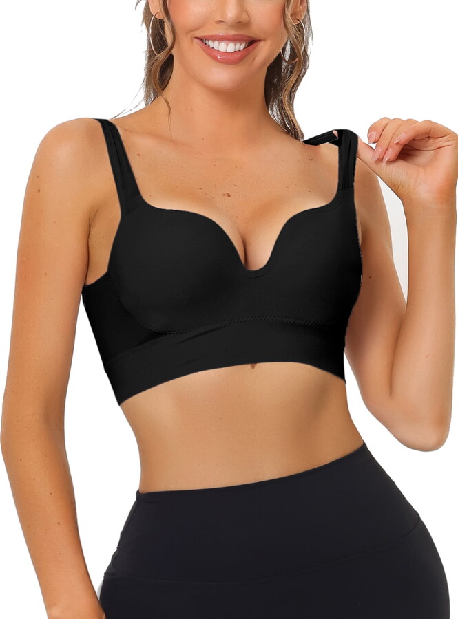 Unique Bargains Women’s Medium Impact Workout Deep V Neck Wireless Sports Bras XL Black