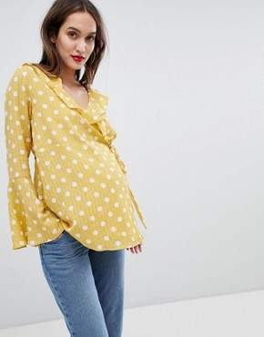 Glamorous Bloom Wrap Blouse With Bell Sleeve In Polka Dot