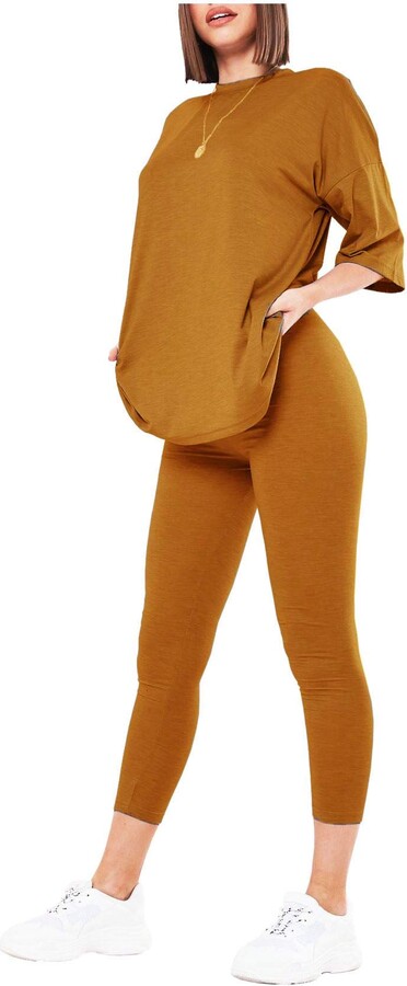 Hamishkane New Ladies Plain Oversized Longline T-Shirt Leggings Co-Ord Set  Casual Tracksuit Mustard - ShopStyle Tops