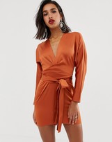 Thumbnail for your product : ASOS DESIGN mini dress with batwing sleeve and wrap waist in satin